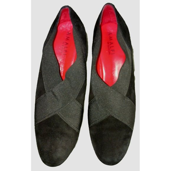 AMALFI By Rangoni 8.5W Black Suede Round Toe Wedge Heel Criss Cross Elastic Top - Picture 1 of 8